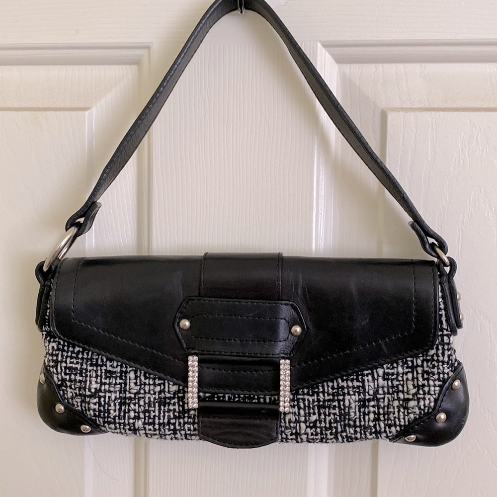 Steve Madden Y2K Black & White Tweed Shoulder Tote Baguette bag